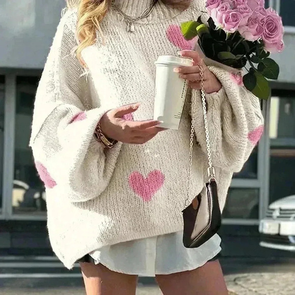 Beige Casual Women's Heart Pattern Drop Shoulder Oversize Lantern Sleeve Sweater - Picture 2 of 6